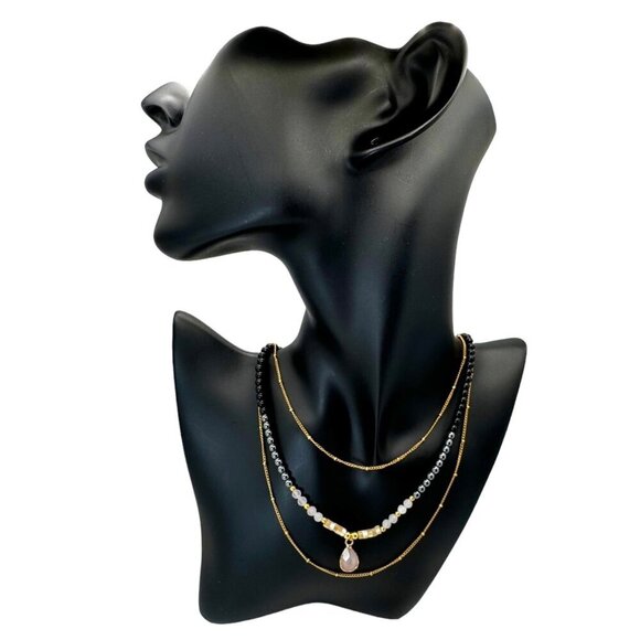 NWT Rose Quartz Teardrop Pendant Beaded Necklace 18K Plated Black Onyx Hematite - Picture 7 of 9